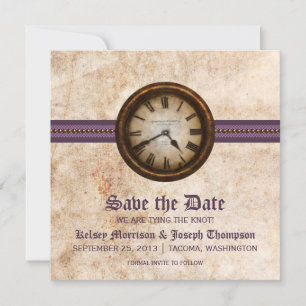 Purple Antique Clock Save the Date Announcement
