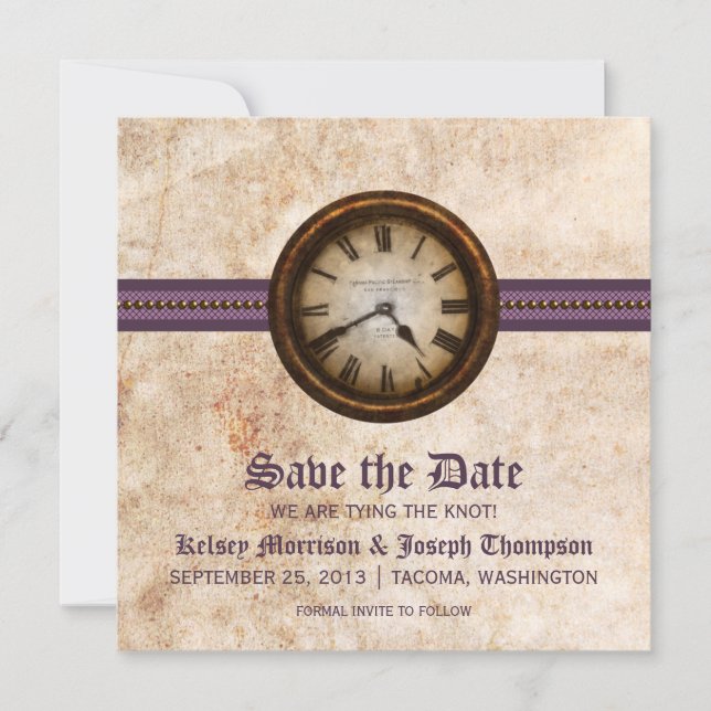 Purple Antique Clock Save the Date Announcement (Front)