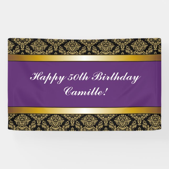 Purple Any Age Gold Damask Birthday Banner (Horizontal)