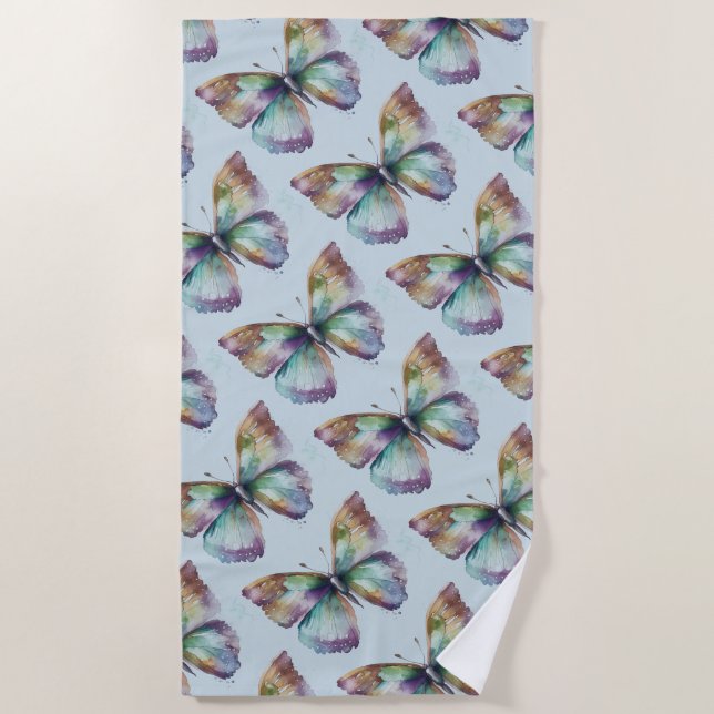 Purple Aqua Blue Butterflies Beach Towel (Front)