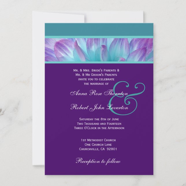 Purple Aqua Blue Dahlia Petals Wedding Recycled V2 Invitation (Front)