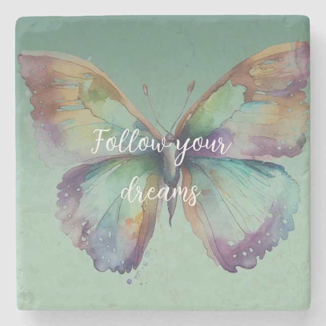 Purple Aqua Blue Gold Mint Butterflies Stone Coaster (Front)