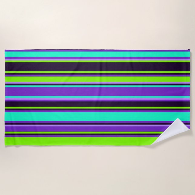 Purple, Aqua, & Chartreuse Striped Beach Towel (Front)