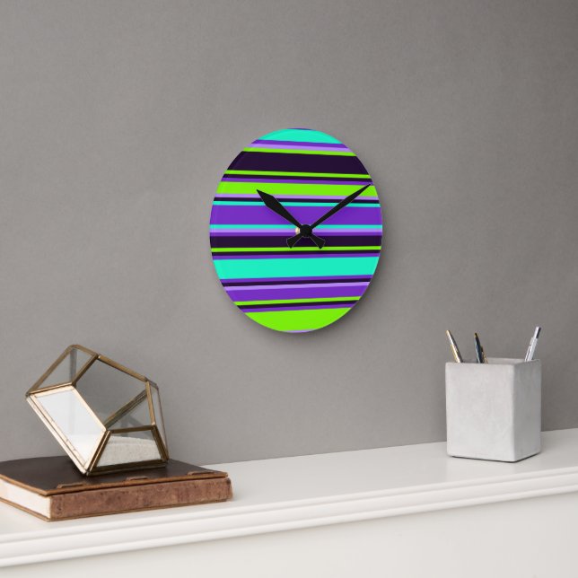 Purple, Aqua, & Chartreuse Striped Wall Clock (Office)