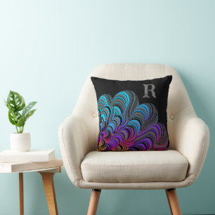 Purple Aqua Colour Flow on Black Monogram Cushion