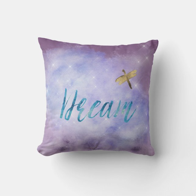 Purple Aqua Dream Gold Dragonfly Cushion (Front)