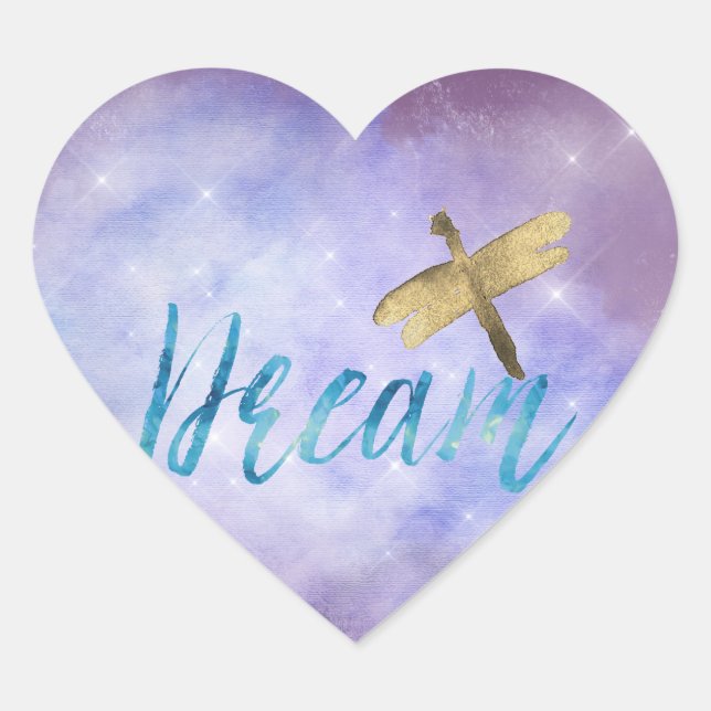 Purple Aqua Dream Gold Dragonfly Heart Sticker (Front)