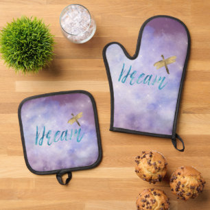 Purple Aqua Dream Gold Dragonfly Oven Mitt & Pot Holder Set