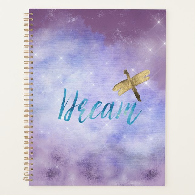 Purple Aqua Dream Gold Dragonfly Planner (Front)
