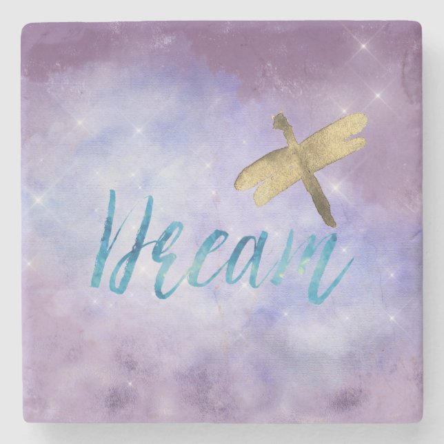 Purple Aqua Dream Gold Dragonfly Stone Coaster (Front)
