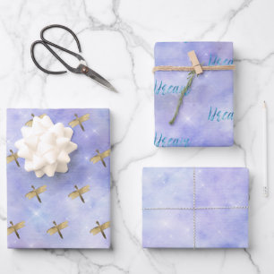 Purple Aqua Dream Gold Dragonfly Wrapping Paper Sheet