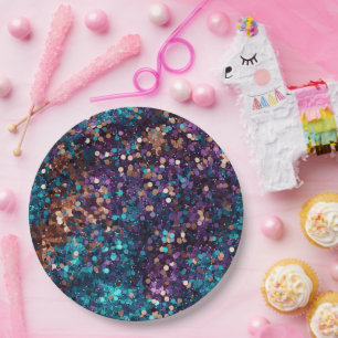Purple Aqua Glam Bronze Mermaid Sparkle Paper Plate