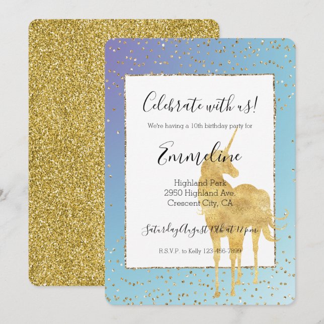 Purple Aqua Gold Unicorn Glitter Sparkle      Invitation (Front/Back)
