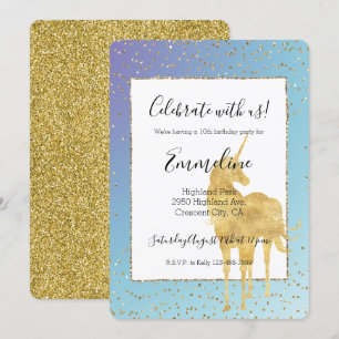 Purple Aqua Gold Unicorn Glitter Sparkle      Invitation
