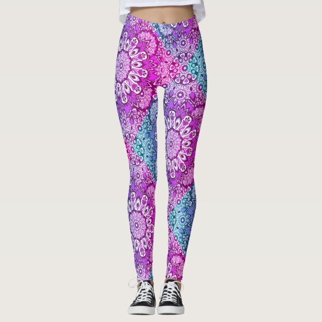Purple Aqua Mandala Pattern Boho Leggings (Front)
