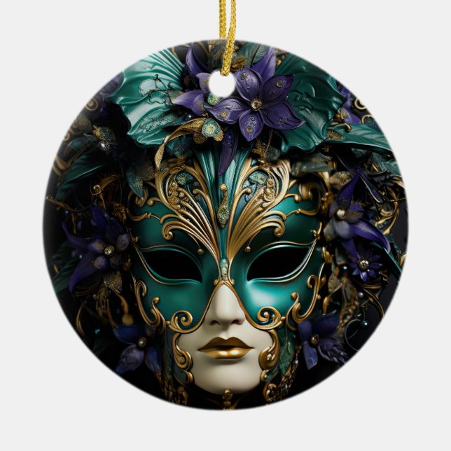 Purple Aqua Masquerade Masks Mardi Gras Drama Ceramic Tree Decoration (Front)
