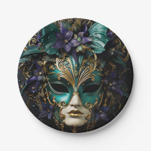 Purple Aqua Masquerade Masks Mardi Gras Drama Paper Plate