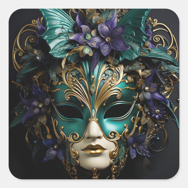 Purple Aqua Masquerade Masks Mardi Gras Drama Square Sticker (Front)