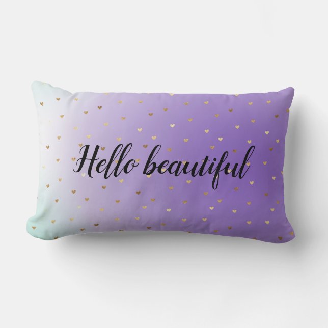 Purple Aqua Ombre Gold Hearts personalised Lumbar Cushion (Front)