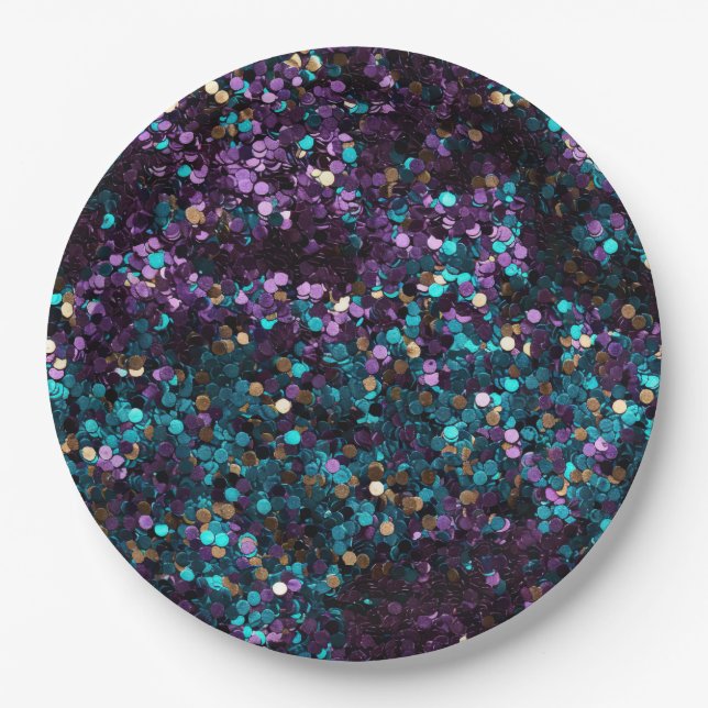 Purple Aqua Rose Gold Mermaid Confetti Paper Plate (Front)