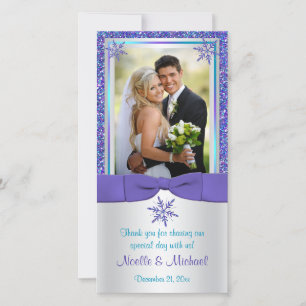 Purple Aqua Silver Snow Flakes Wedding Photo Card