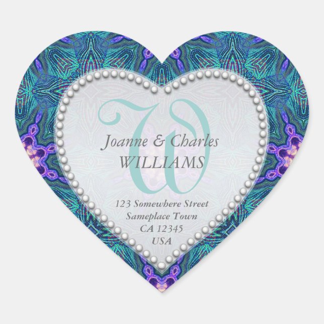 Purple Aqua Teal Elegant Monogram Wedding Stickers (Front)
