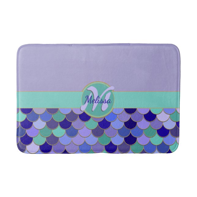 Purple & Aqua Teal Mermaid Monogram + Name  Bath Mat (Front)
