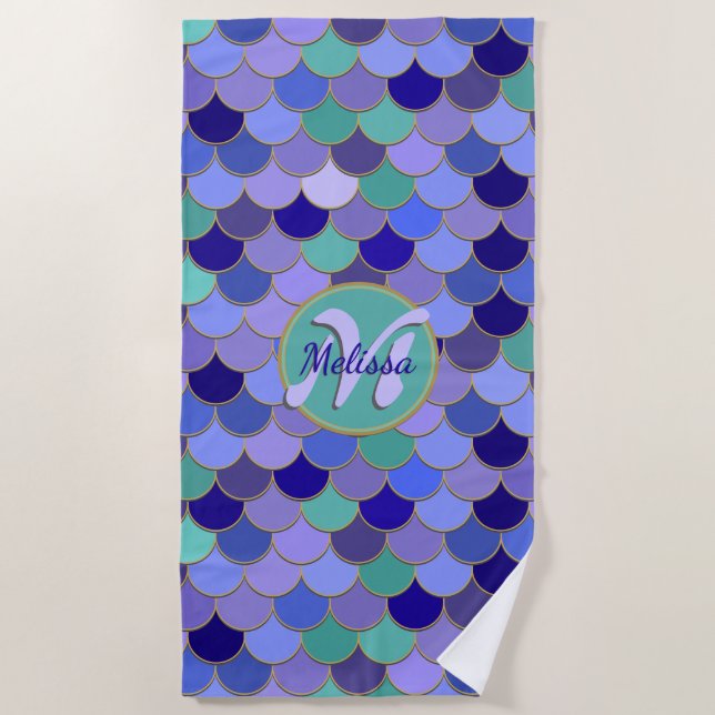 Purple & Aqua Teal Mermaid Scales Name + Monogram Beach Towel (Front)