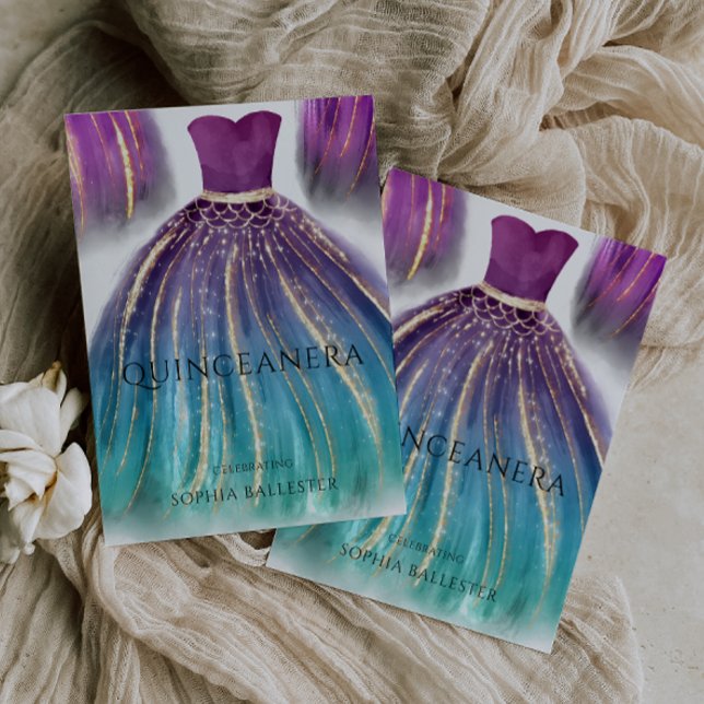 Purple Aqua Teal Ombre Mermaid Dress Quinceanera Invitation (Creator Uploaded)