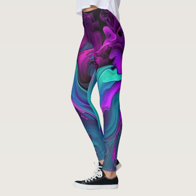 Purple Aqua Turquoise Beautiful Abstract Fluid Art Leggings (Left)