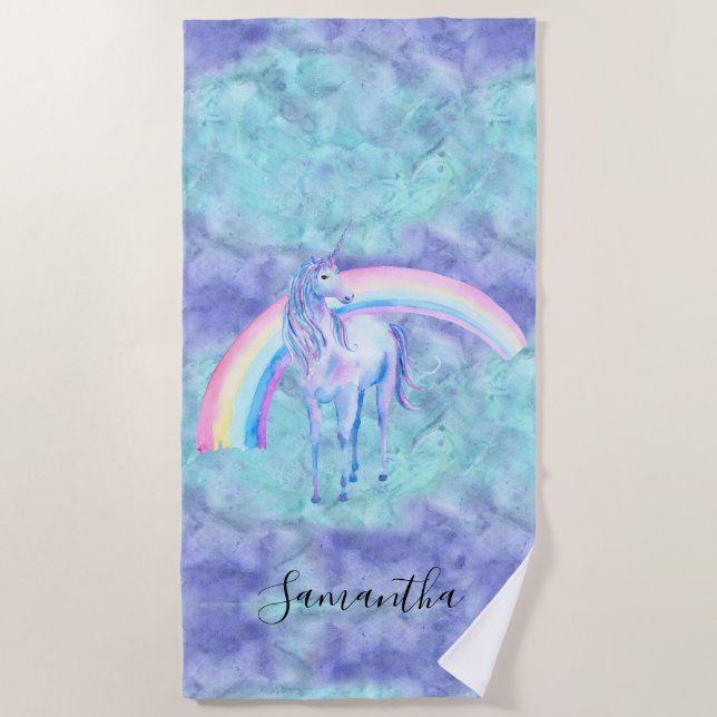 Purple Aqua Unicorn Dream Beach Towel (Front)