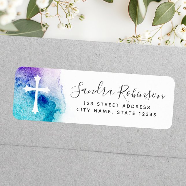 Purple aqua watercolor and cross baptism communion (Purple aqua watercolor and cross baptism communion label)