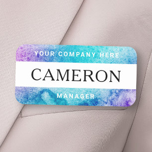 Purple aqua watercolor name, title and company name tag