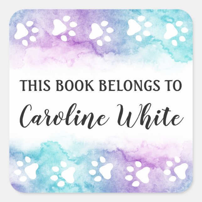 Purple aqua watercolor paw print book labels (Front)