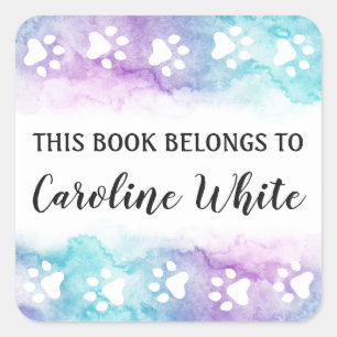 Purple aqua watercolor paw print book labels