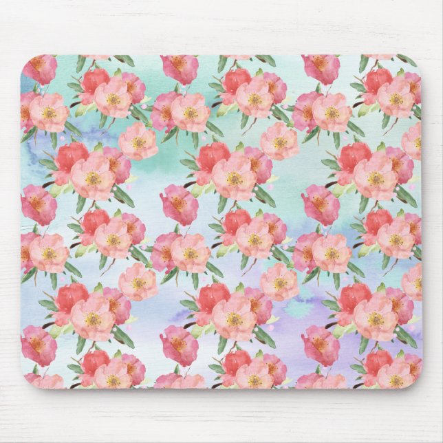 Purple Aqua Watercolor Pink Floral Mouse Mat (Front)