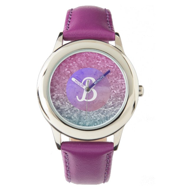 Purple Aquamarine Blended Sparkly Monogram Watch (Front)