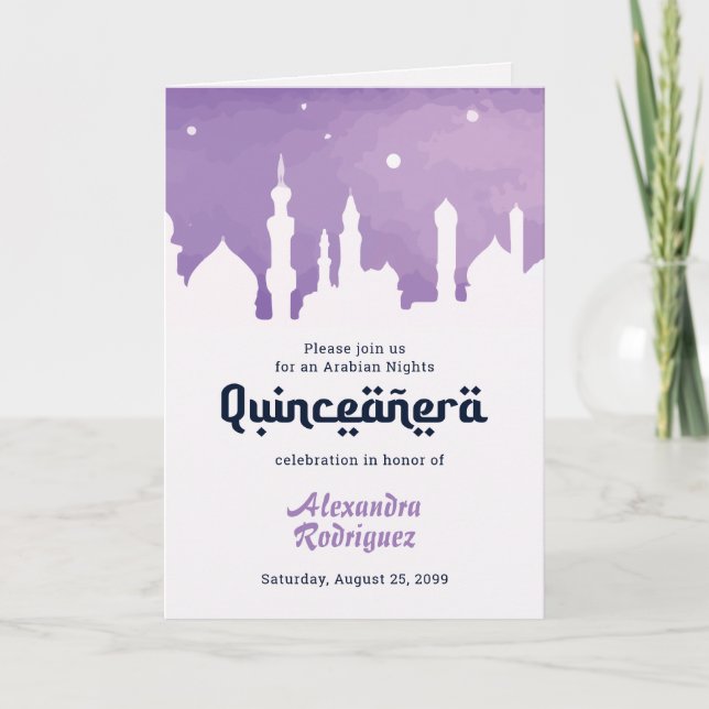 Purple Arabian Nights Watercolor Quinceañera Invitation (Front)
