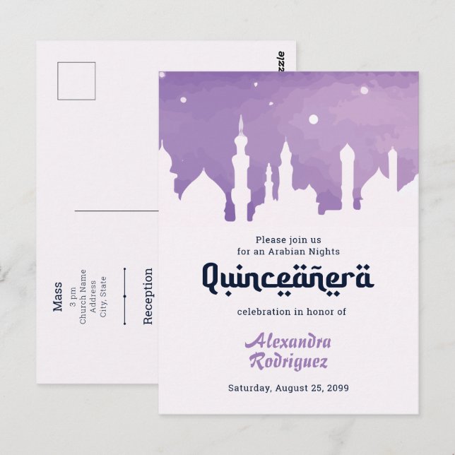Purple Arabian Nights Watercolor Quinceañera Postcard (Front/Back)