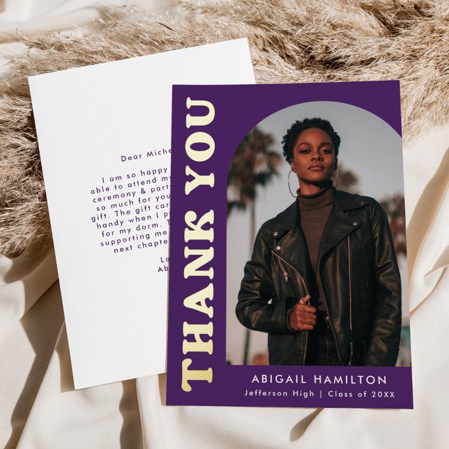 Purple Arch Photo Foil Graduation Thank You Card (Creator Uploaded)