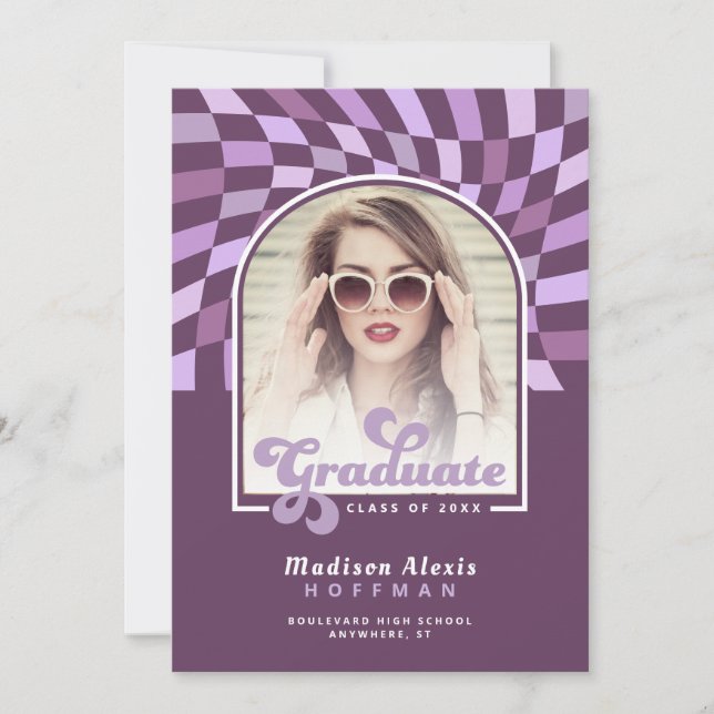 Purple Arch Warped Chequered Retro Graduation Announcement (Front)