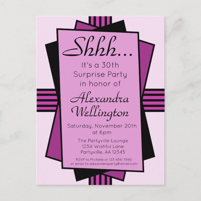 Purple Art Deco 30th Surprise Party Birthday Invitation Postcard (Front)