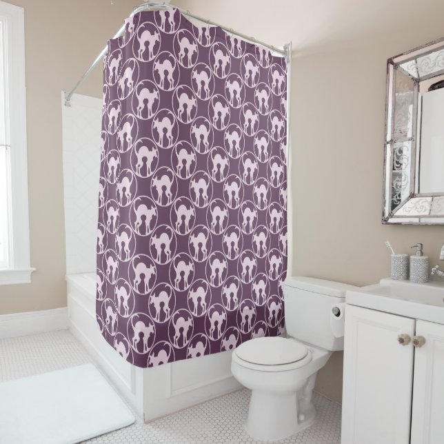 Purple Art Deco Cat Silhouette Pattern Shower Curtain (In Situ)