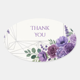 Purple Art Deco Floral Thank You Oval Sticker