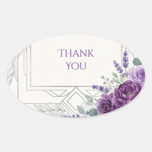Purple Art Deco Floral Thank You Oval Sticker