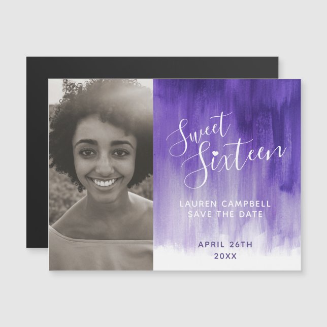 Purple art sweet sixteen photo save the date magnetic invitation (Front/Back)