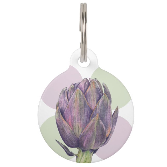 Purple Artichokes Dots Round Pet Tag (Front)