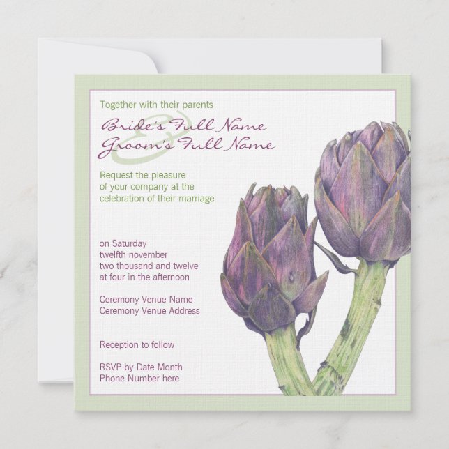 Purple Artichokes green Wedding Invitation (Front)