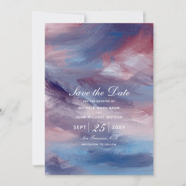Purple Artistic Evening Sky Save the Date Card (Front)