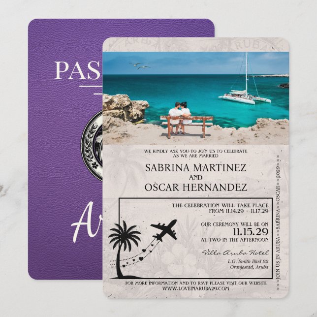Purple Aruba Passport Wedding Invitation (Front/Back)